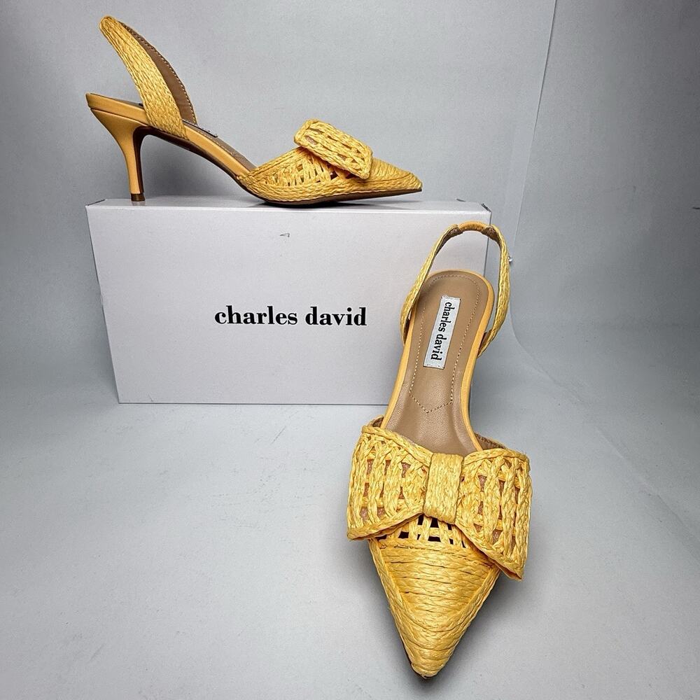 Charles David Agora Raffia Slingback Pumps Yellow Bow Pointed Toe Heels Size 6.5